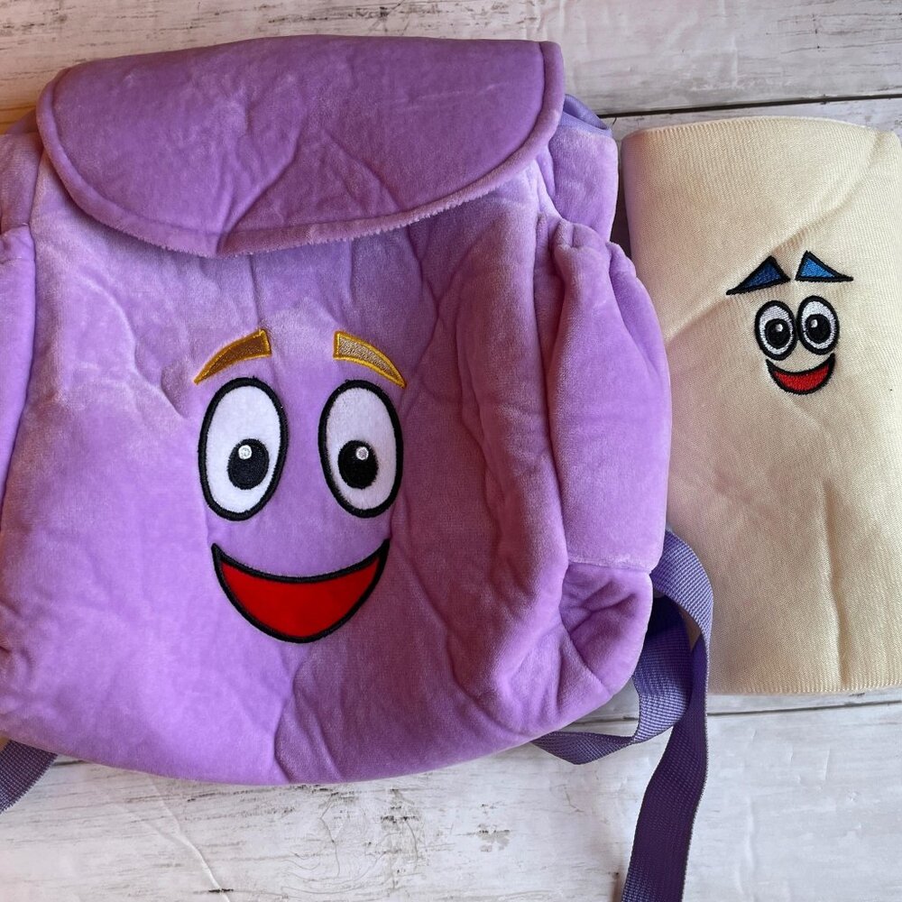 Dora The Explorer Backpack Mr. Face Small Purple Plush Bag with Map LIKE NEW